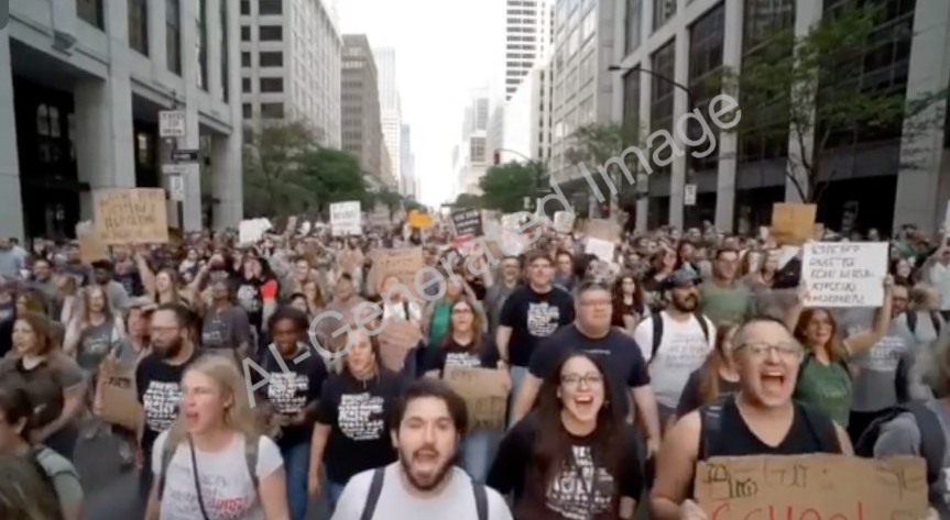 Изображение, созданное с помощью ИИ, якобы показывающее марш протеста на городской улице. Изображение: Хенк ван Эсс