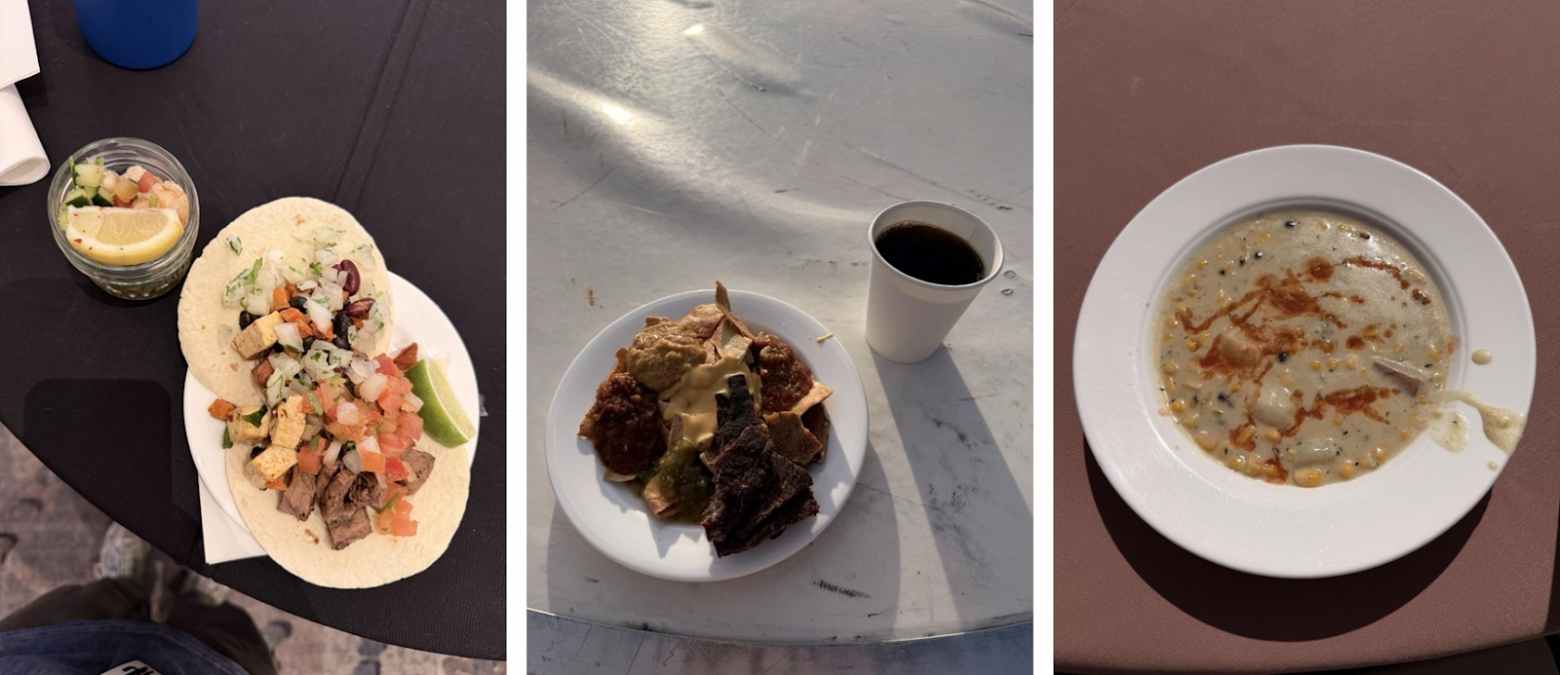 Street tacos (carne asada и вегетарианские), начос и кукурузный чаудер