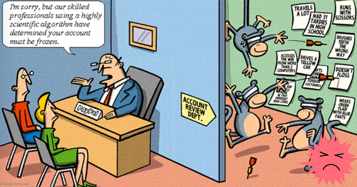 Слева: «Наши опытные профессионалы с помощью научного алгоритма определили, что ваш счёт должен быть заморожен». Справа: «опытные профессионалы» выполняют дата-майнинг по косвенным признакам (много опозданий в школе, много путешествий, не чистит зубы нитью), известный мем