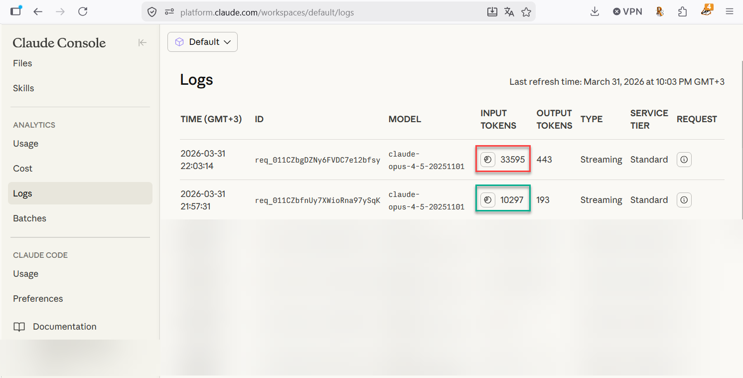 Claude позволяет просмотреть журнал запросов на странице: https://platform.claude.com/workspaces/default/logs