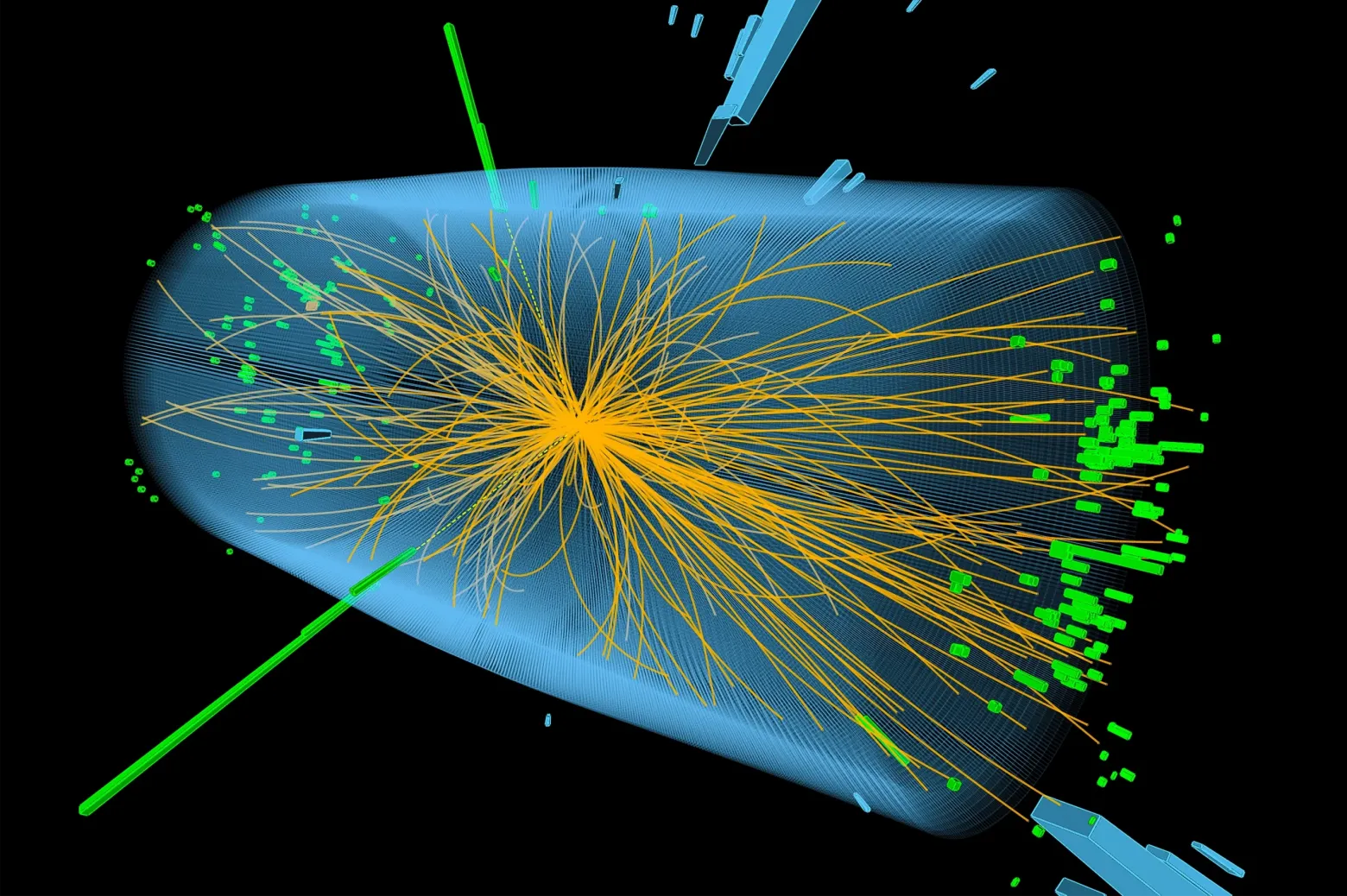 Столкновение протонов, зафиксированное Компактным Мюонным Соленоидом в CERN в 2012 году, свидетельствует о распаде бозона Хиггса.
