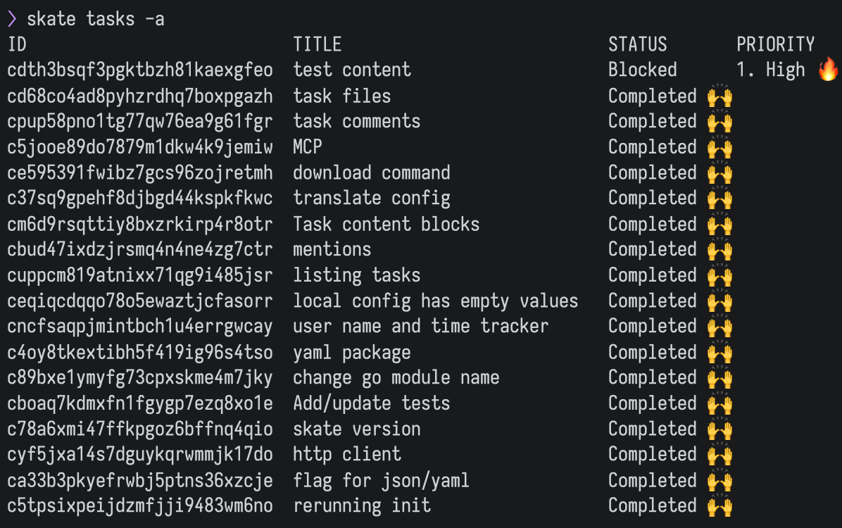 Список задач Skate в терминале