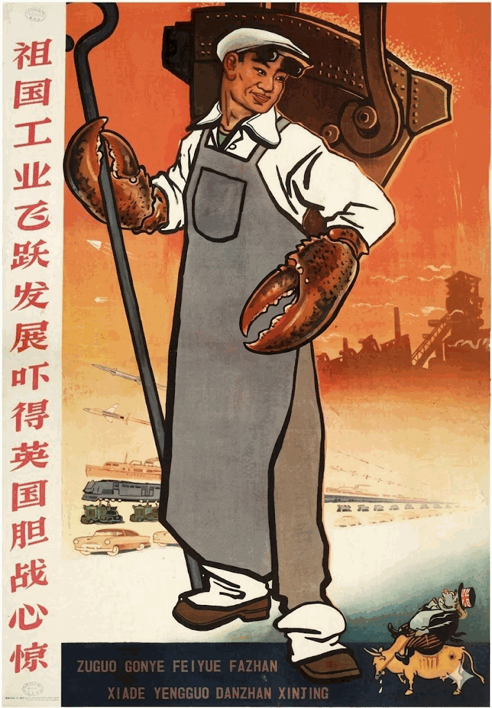 Надпись на плакате "Бурный рост промышленности Родины заставляет Британию трепетать от страха."