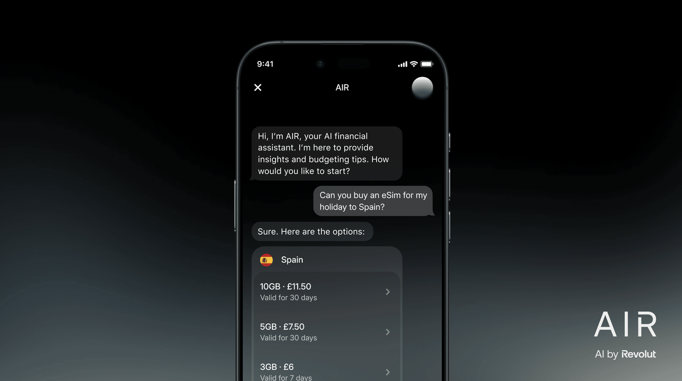 Пользователи могут купить eSIMS от Revolut в приложении с помощью AIR. 
