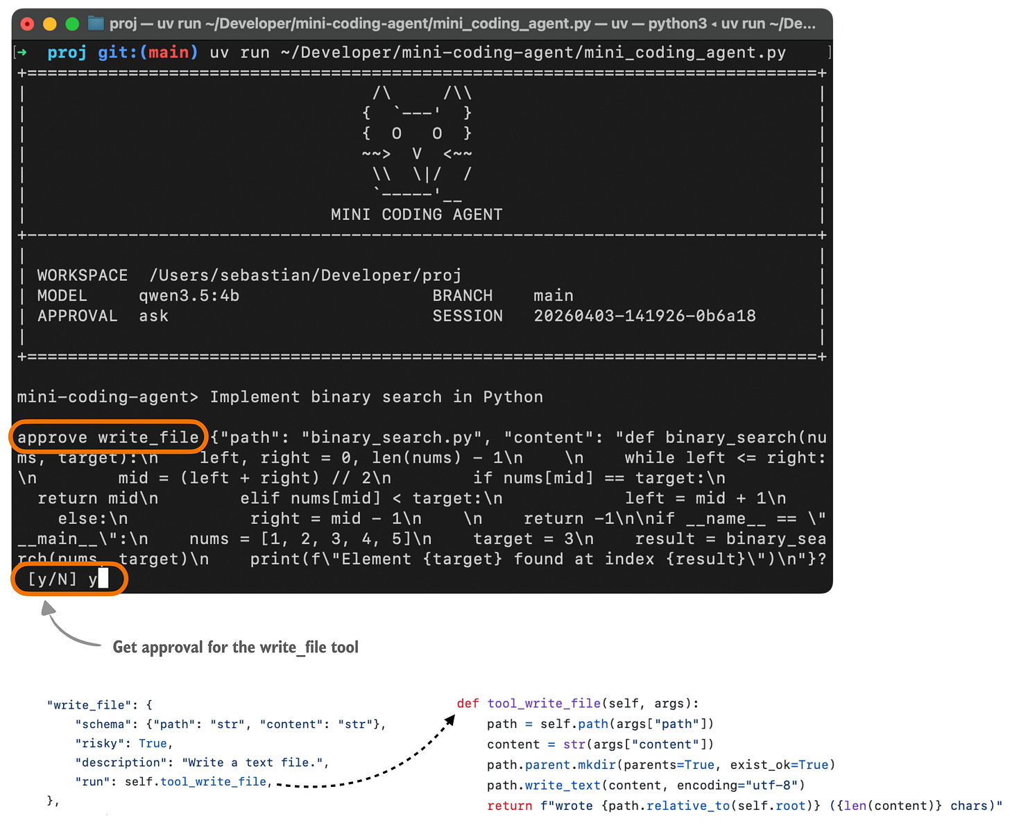 Рисунок 9: Пример запроса на подтверждение вызова инструмента в Mini Coding Agent