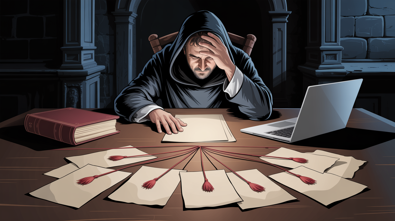 Утро после. Голова на руке. На столе все три случая разом: нити от одного листа к семи чужим, уверенная страница из книги, которой в этой книге никогда не было, и забытое в тени запечатанное письмо. За плечом всё то же молчаливое присутствие. Оно это и принесло. Человек слумпился за столом в тёмной комнате, уронив голову на руку; единственный источник света — раскрытый ноутбук перед ним; в его холодном свете разложено сразу три следа произошедшего: в центре — лист с красными нитями к семи другим листам, слева — закрытая толстая книга и перед ней уверенная страница, которой в этой книге не было, справа — два письма, одно раскрытое и обласканное вниманием, другое запечатанное и забытое в тени; за плечом человека — молчаливая прозрачная фигура из холодного света, которая всё это принесла