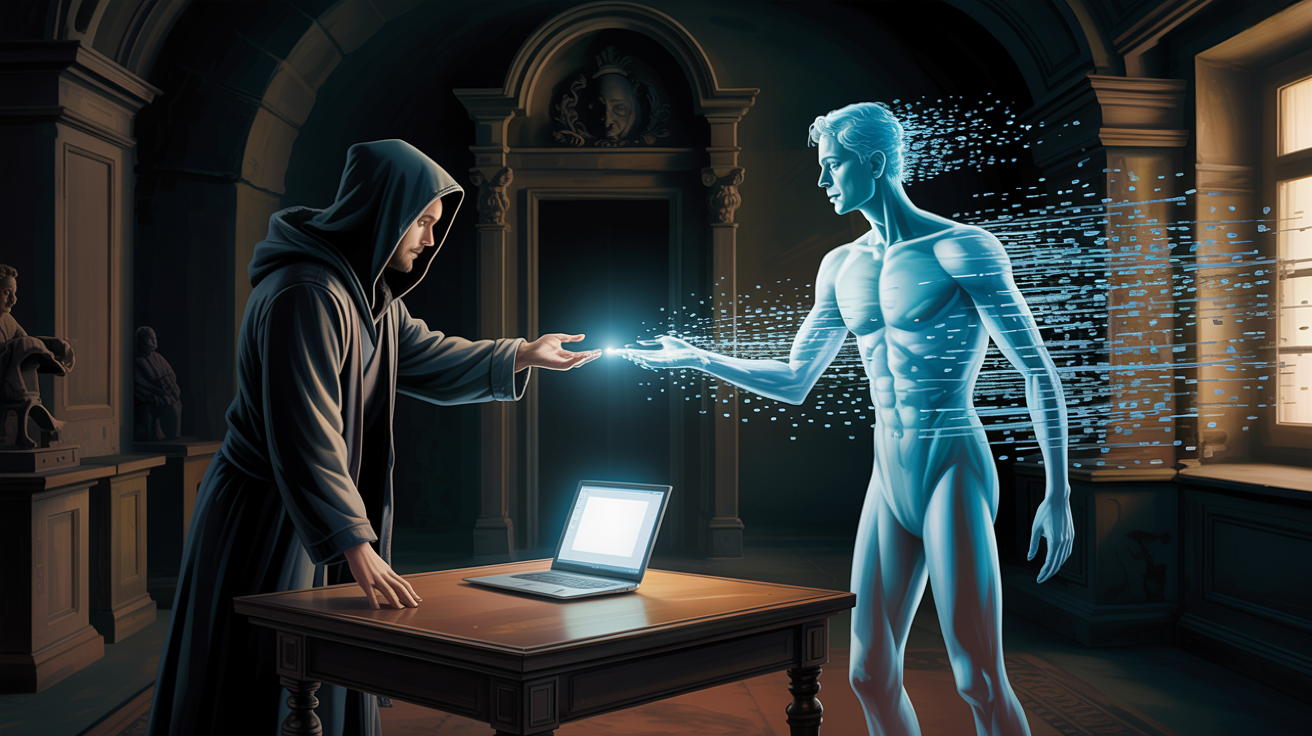 Человек стоит у стола в тёмной комнате, одна рука на столе для опоры, вторая вытянута вперёд в холодный свет раскрытого ноутбука — но там, где в предыдущих картинах за его плечом собиралось из света второе присутствие, теперь только рассеивающиеся в воздухе частицы того же холодного сияния, не желающие сложиться в фигуру; его вытянутая рука явно ничего не касается