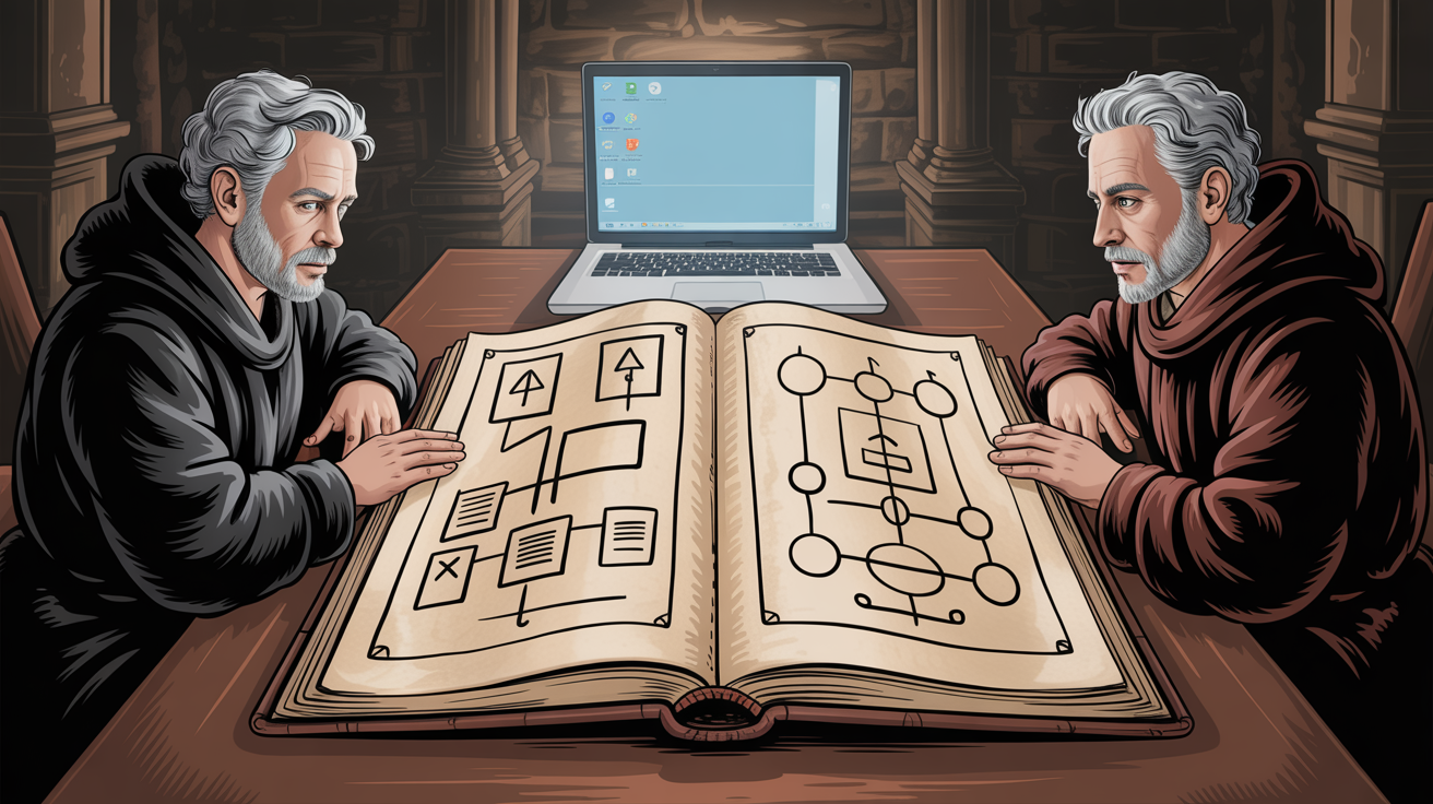 Двое сидят плечом к плечу за столом в тёмной комнате, склонившись над одной и той же раскрытой книгой, которую они держат с двух сторон; слева — полностью живой человек в тёмной одежде, справа — его двойник, по-прежнему сотканный из холодного света раскрытого ноутбука над книгой, но впервые почти такой же плотный, как сам человек; его светящиеся руки лежат на правой странице ровно так же, как руки человека лежат на левой