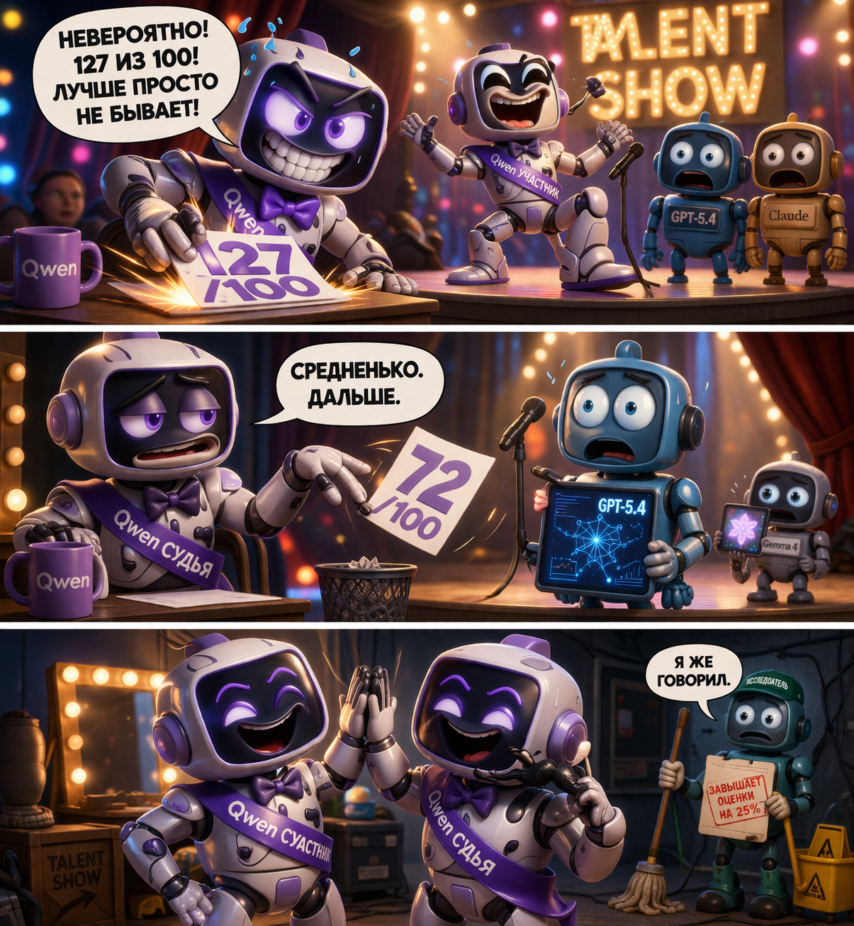 Когда судья и участник — одно лицо: Qwen ставит себе 127 из 100