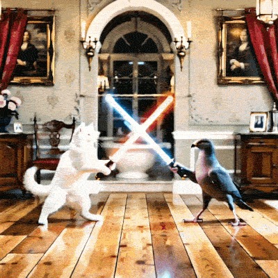 Запрос: epic lasersaber fight between cat and pigeon.