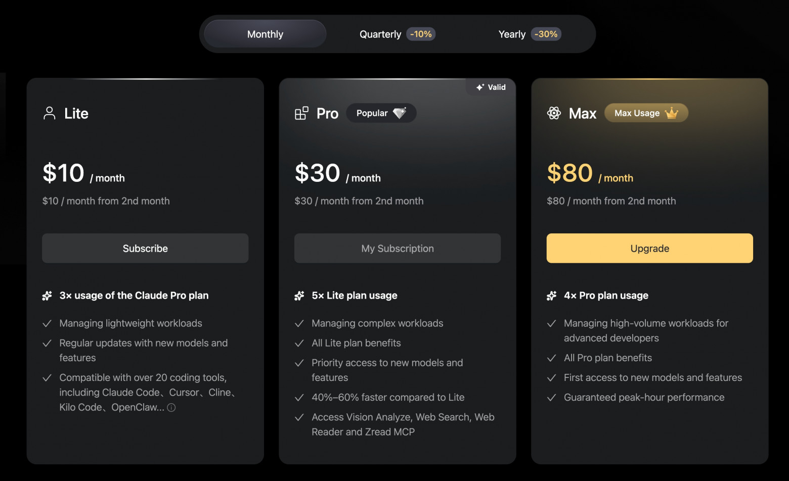 старая страница с тарифами z.ai на coding plan