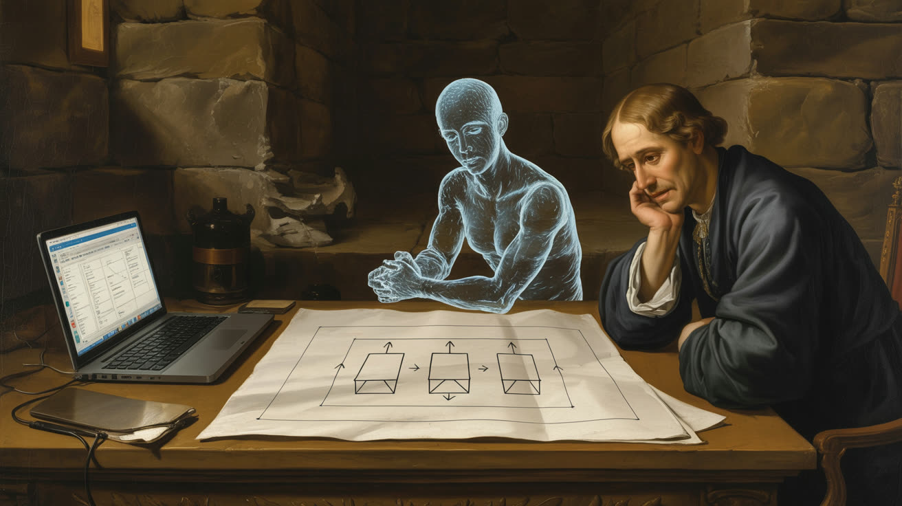 Полупрозрачное присутствие из холодного света сидит за столом перед листом бумаги, на котором нарисована маленькая безупречная схема из трёх блоков; человек в тёмной одежде подпёр голову рукой и смотрит на лист с выражением тихого беспокойства; остальная часть листа пуста