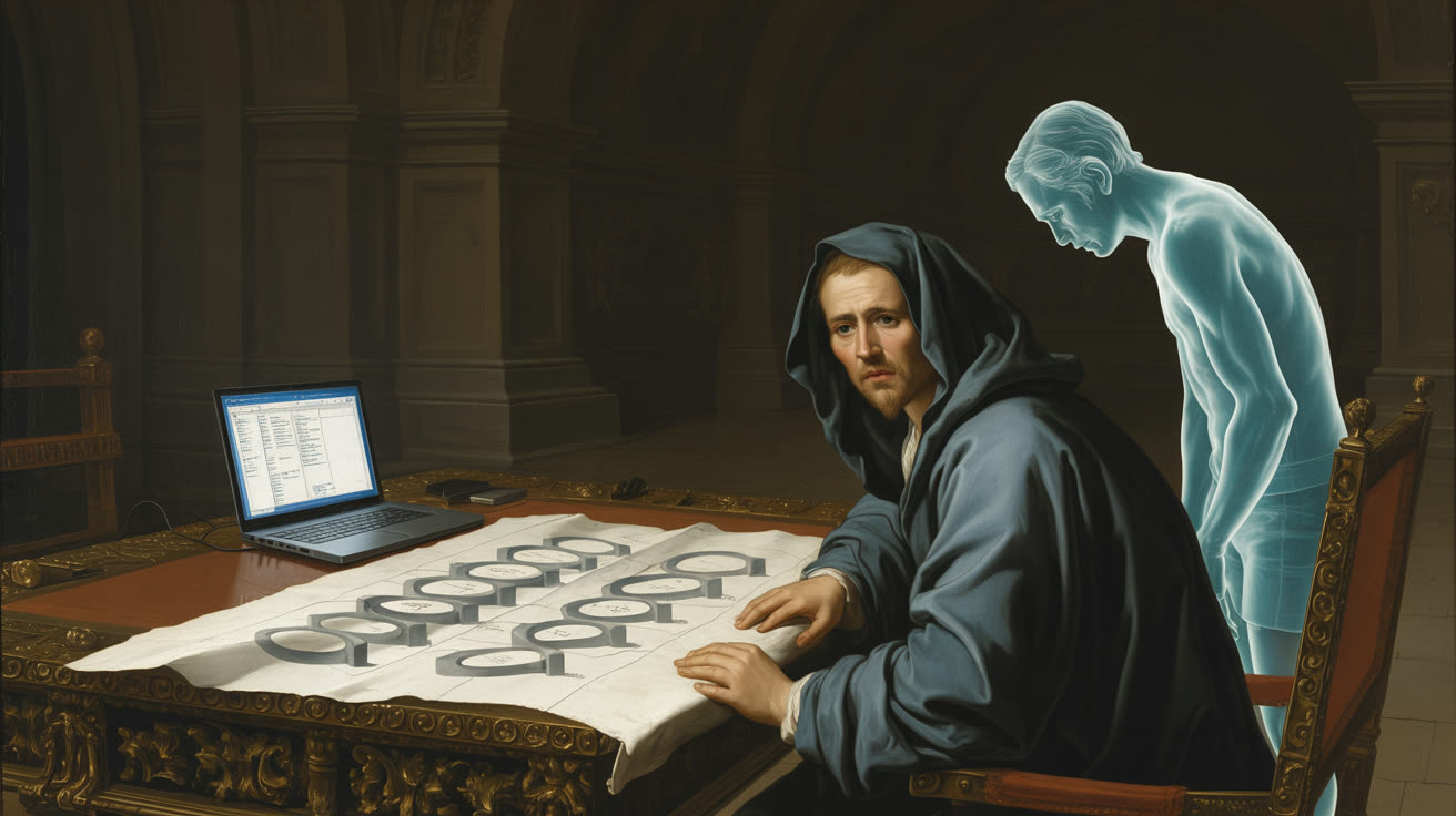 Человек в капюшоне сидит за столом перед развёрнутой схемой, подпирая голову рукой; за его плечом полупрозрачная фигура из холодного света молча наблюдает; на столе ноутбук и диаграмма, которую явно придётся переделывать