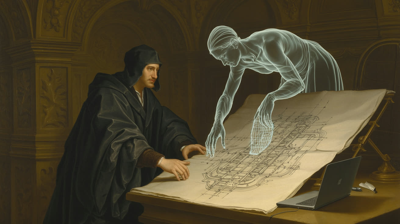 Человек в тёмном плаще стоит у края стола, положив руку на освещённую часть огромного чертежа; полупрозрачное присутствие из холодного света тянется к дальнему краю того же чертежа, уходящему в тень; его светящиеся руки дорисовывают линии там, куда свет ноутбука не достаёт