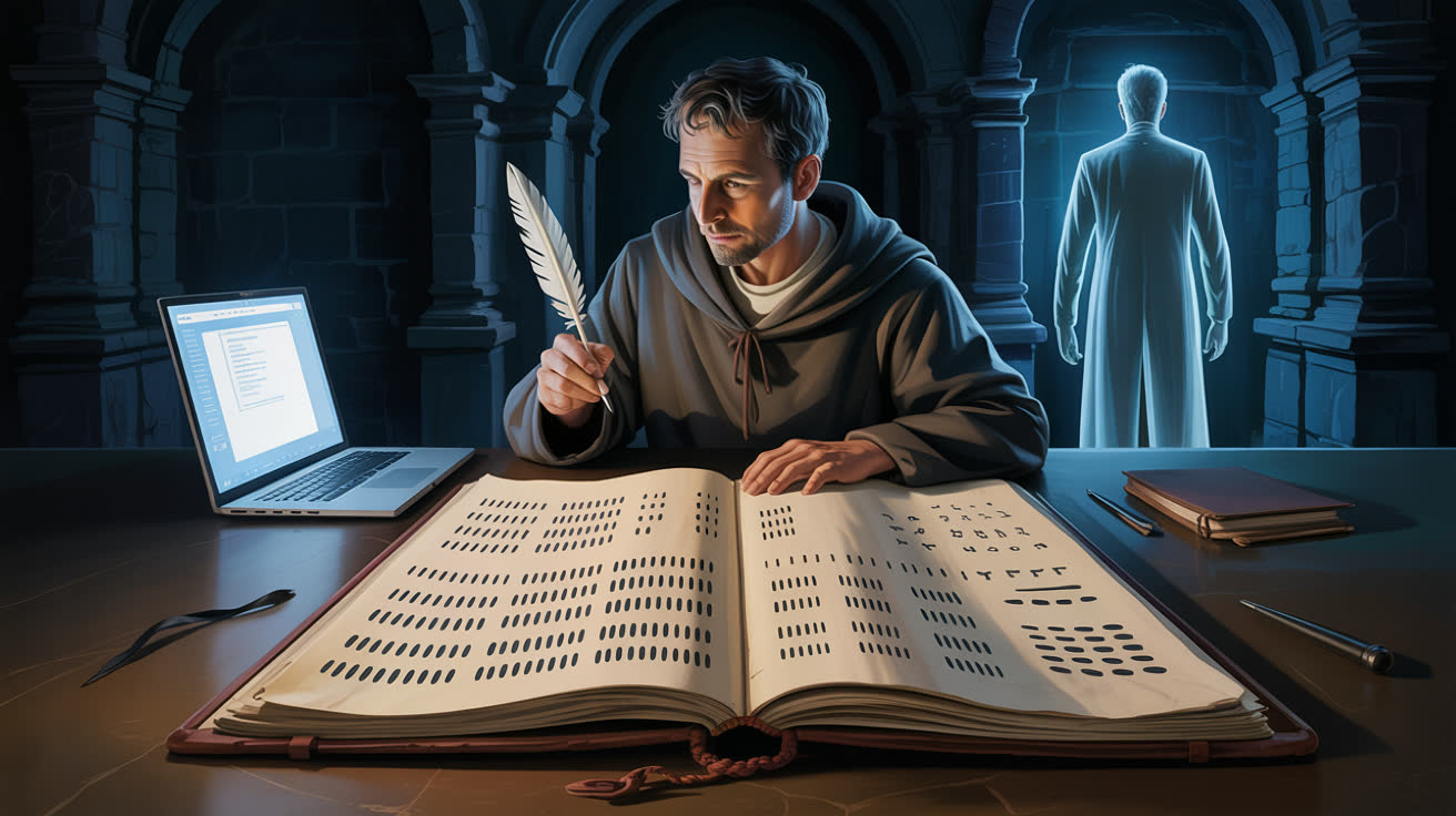 Человек в тёмной одежде сидит за столом над раскрытым кожаным журналом с пером в руке; страницы покрыты рядами абстрактных отметок; за его спиной на расстоянии стоит размытое полупрозрачное присутствие из холодного света, ожидая