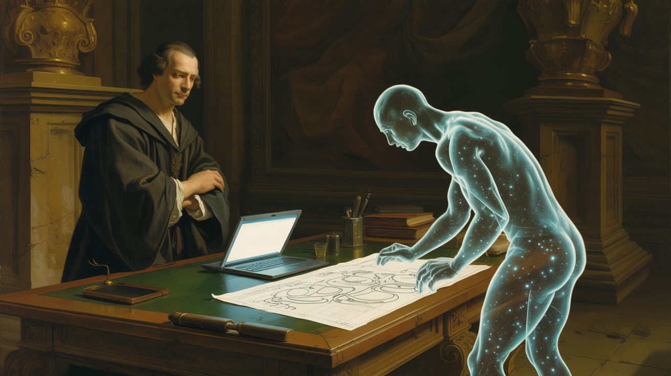 Человек в тёмной одежде стоит в шаге от стола, наблюдая со спокойным выражением; за столом полупрозрачное присутствие из холодного света склонилось над чертежом, его светящиеся руки ведут линии по схеме; ноутбук открыт рядом