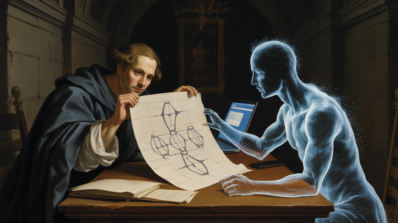 Человек в тёмной одежде и полупрозрачное присутствие из холодного света вместе склонились над большим чертежом на столе; человек держит лист с лёгким подозрением, присутствие уверенно указывает на схему; единственный источник света — экран ноутбука между ними
