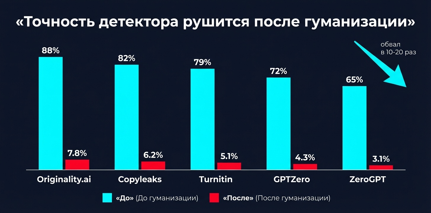 Точность детекторов рушится после гуманизации в 10–20 раз