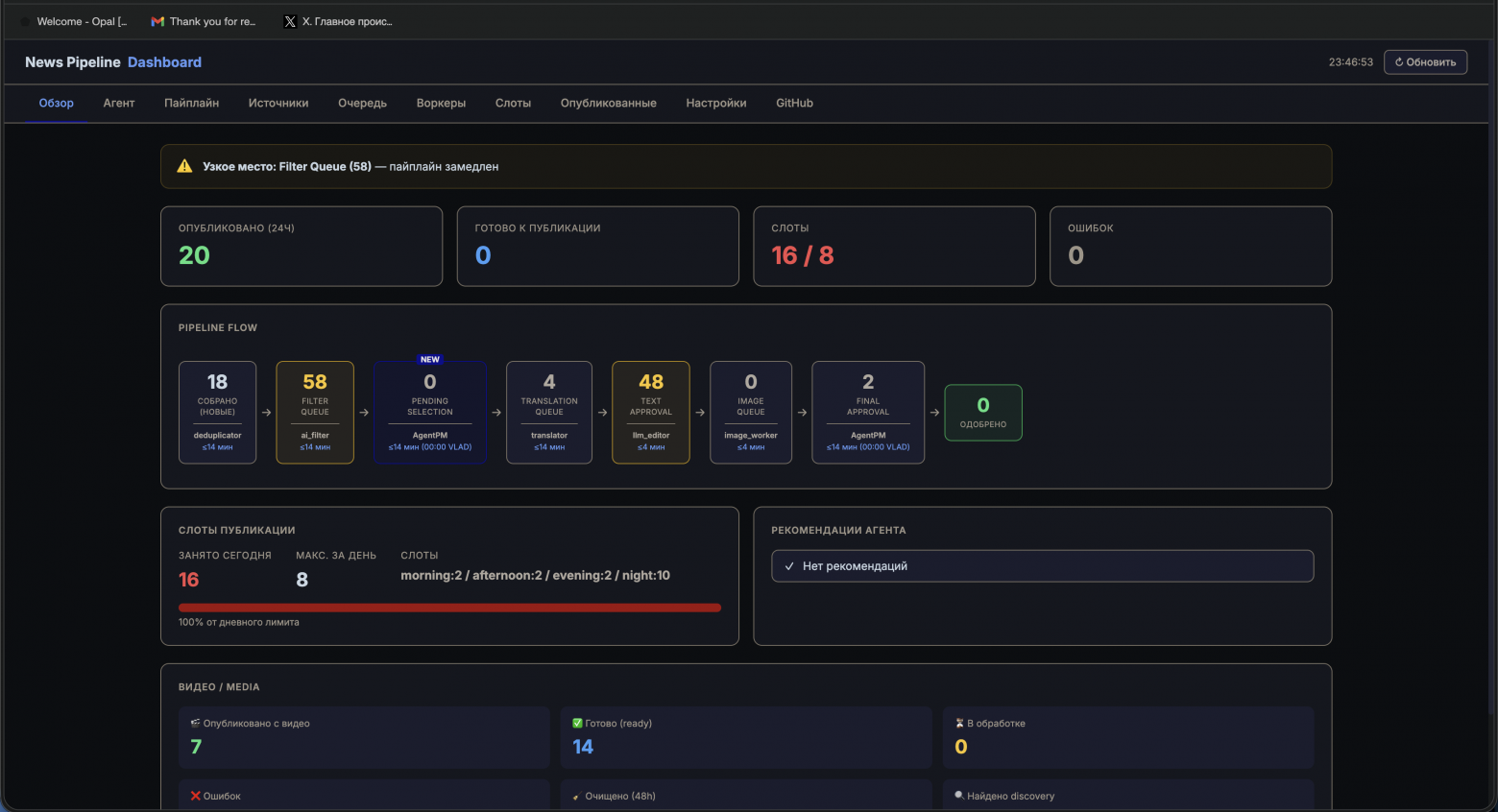 Админка - наблюдаю за этапами прохождения новостей.