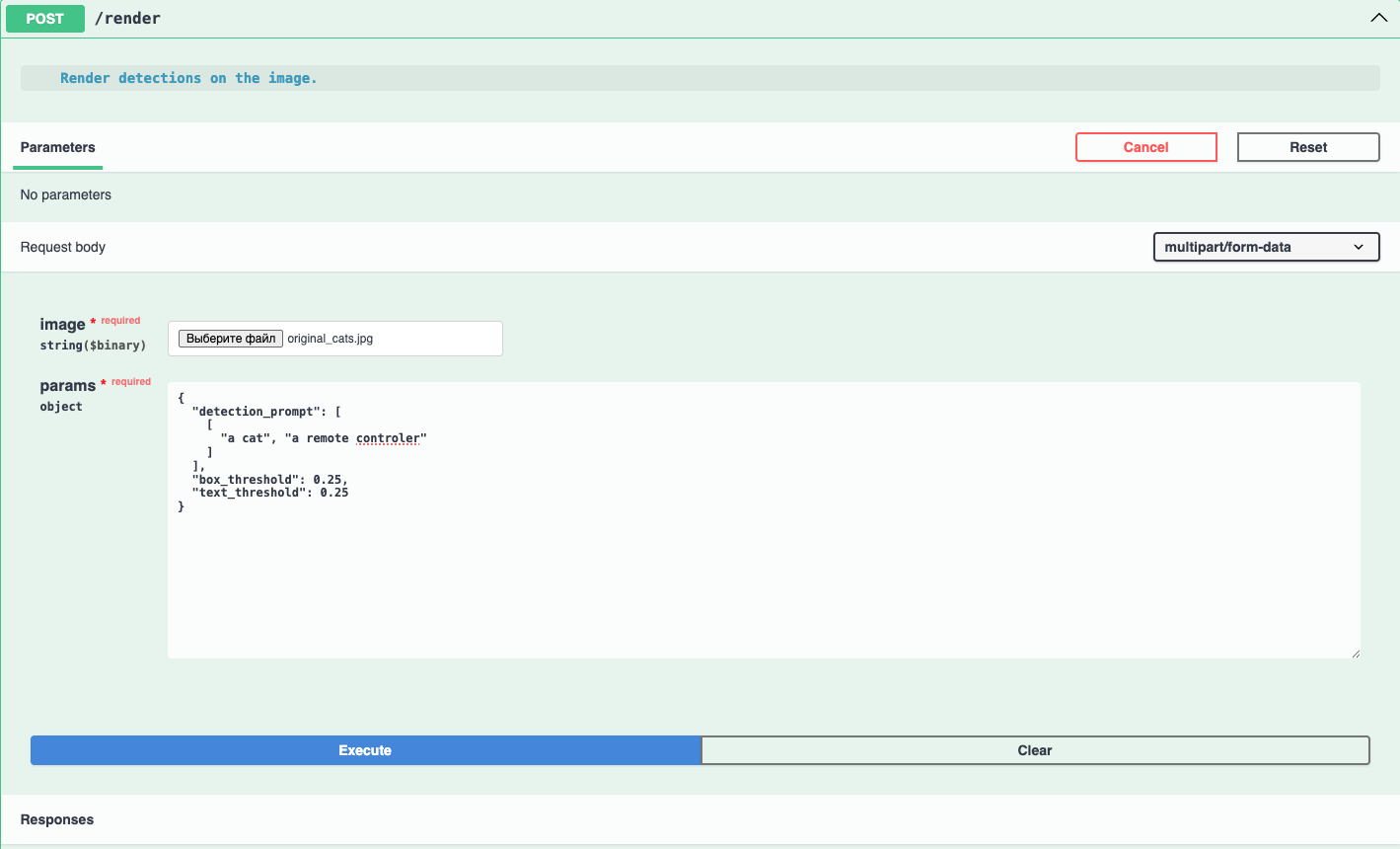 Ручка render в Swagger UI с введенными параметрами и изображением