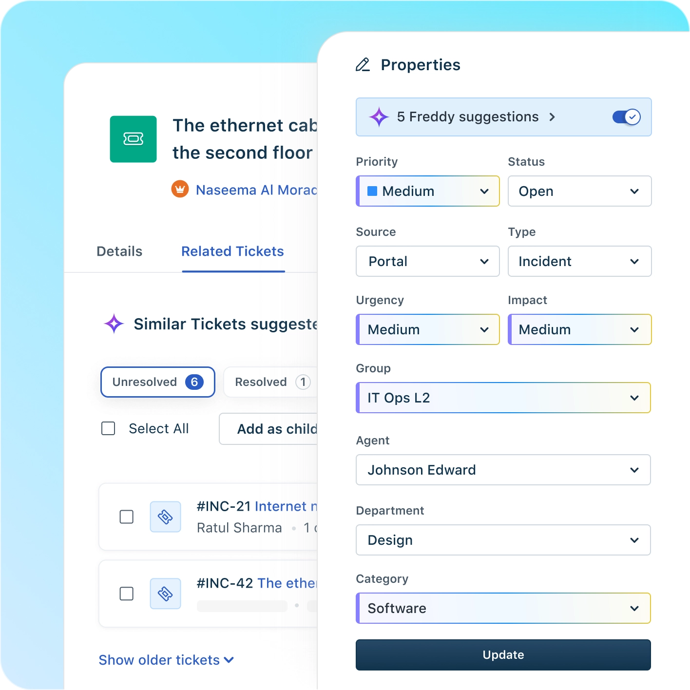 Freddy AI предлагает почитать похожие тикеты