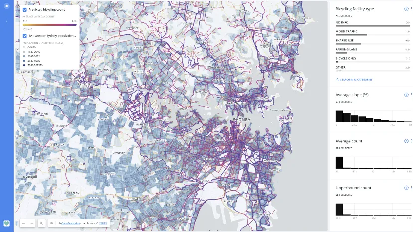 Пример визуализации оценочного объема велосипедного движения на отдельных участках дорог Сиднея (июнь 2021 г.). Источник