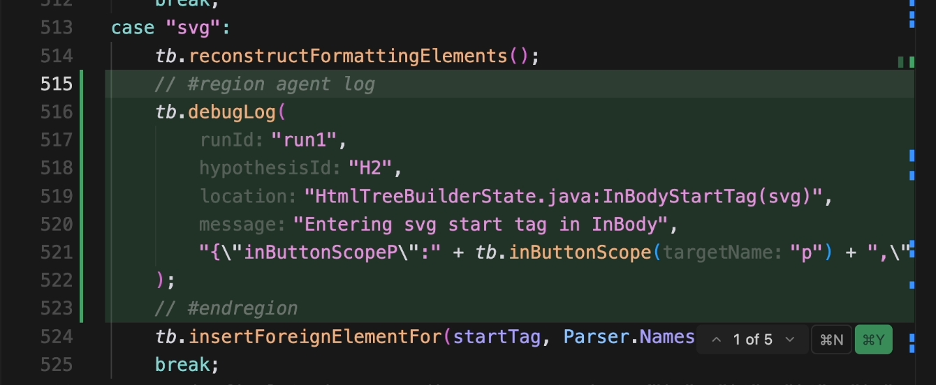 Cursor добавляет логгирование очень аккуратно: оборачивает в регионы и чётко сопоставляет каждый вызов определённой гипотезе