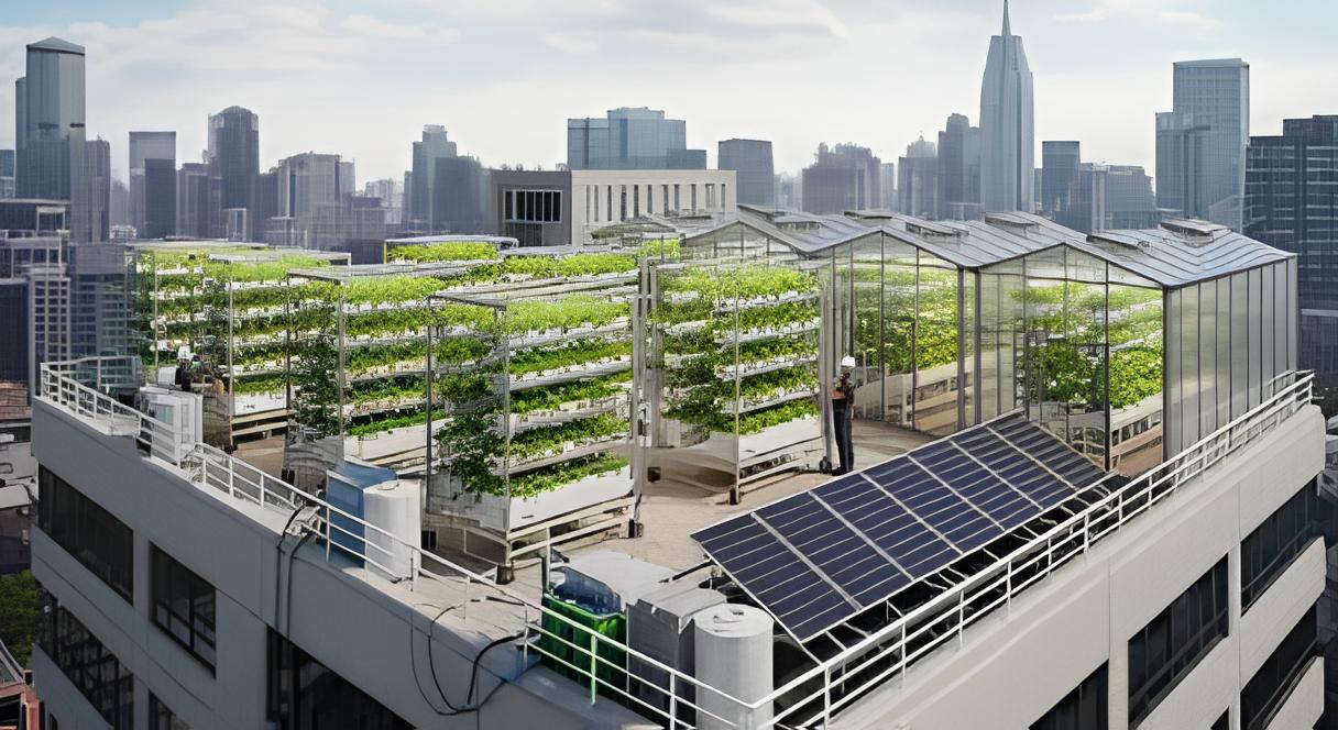 Концепция вертикальных ферм на крыше небоскреба