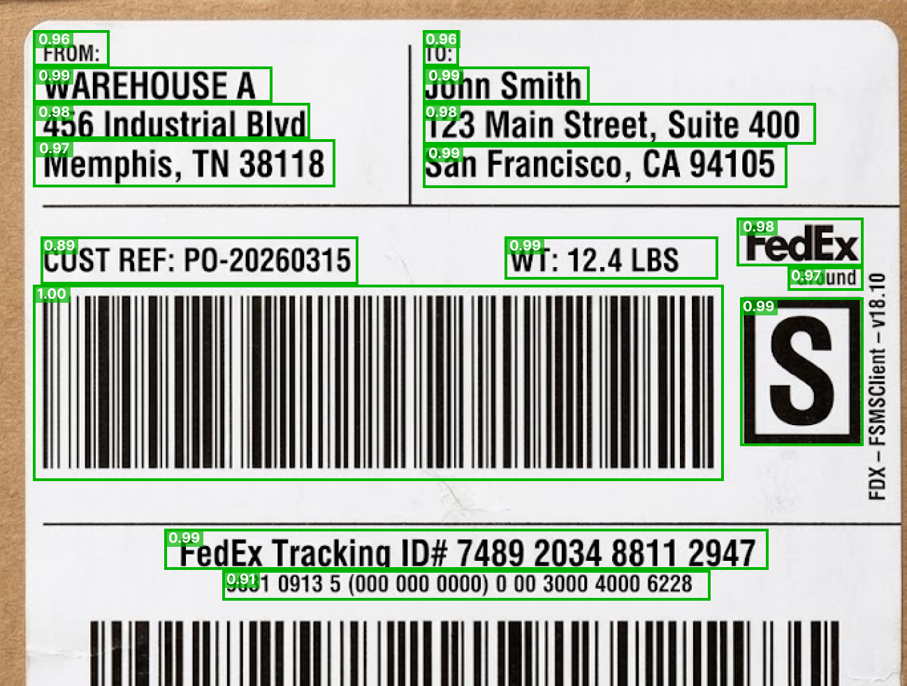 Shipping label with detected text regions highlighted by bounding boxes without field labels