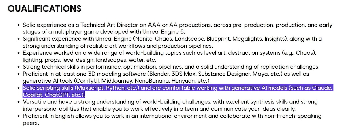 Ubisoft начала указывать знание ИИ-моделей в качестве обязательного требования при найме технических специалистов - 2