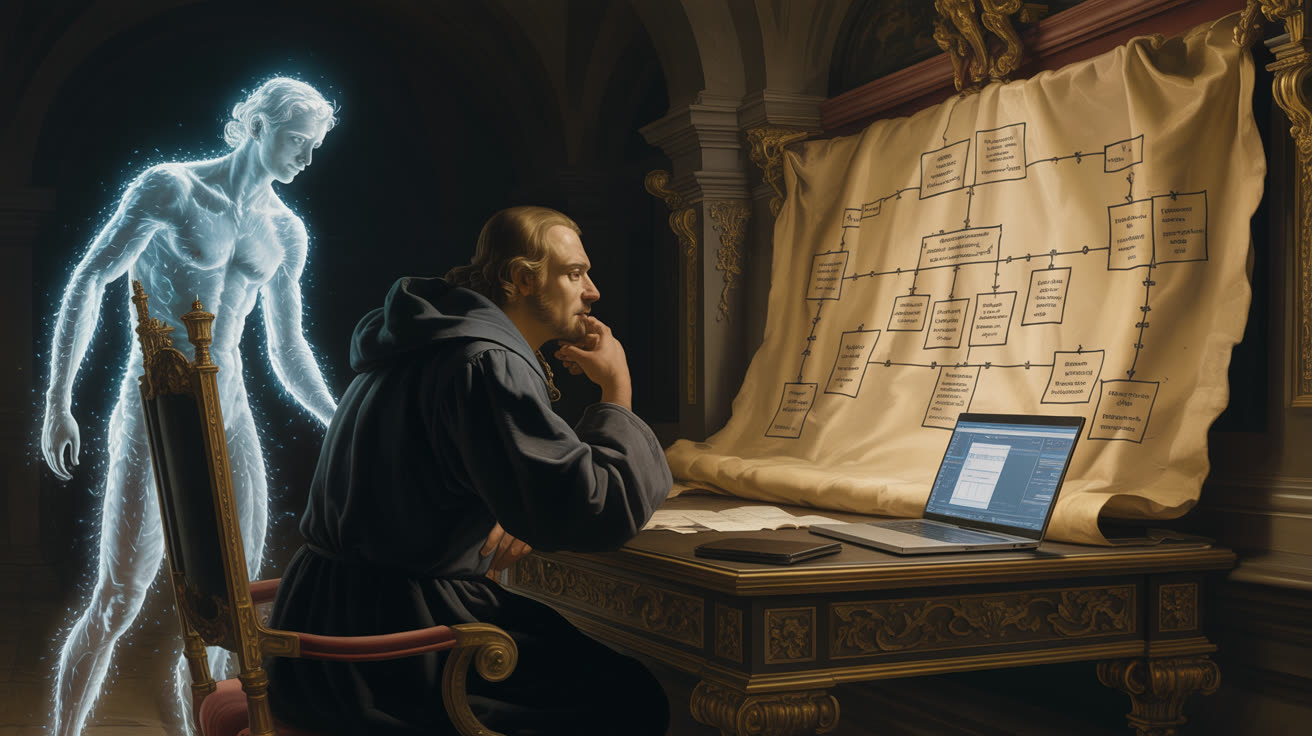 Человек сидит за столом в тёмной комнате, перед ним раскрытый ноутбук и несколько листов с абстрактными схемами; он смотрит не на экран, а на один из листов, подперев подбородок рукой; за его плечом полупрозрачное присутствие из холодного света замерло в ожидании