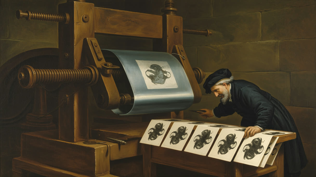 Барочная мастерская, тяжёлый деревянный печатный пресс XVII века; зажатая в прессе металлическая плашка светится холодным сине-белым светом; на столе перед прессом разложен ряд одинаковых оттисков, и у каждого один и тот же тёмный изъян в одном и том же месте; мастер в тёмной одежде склонился над крайним оттиском, осторожно счищая пятно ножом; сама плашка в прессе несёт тот же дефект