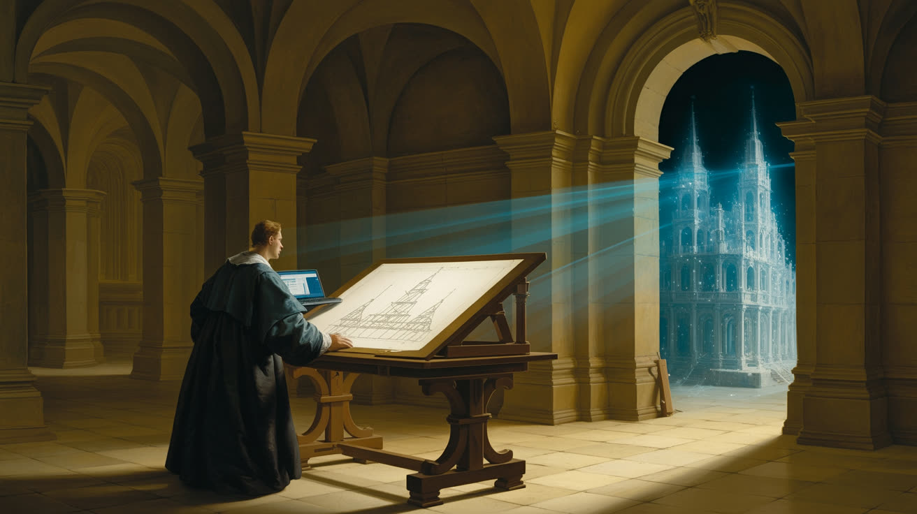 Барочная сводчатая зала ночью; архитектор в тёмной мантии стоит у массивного чертёжного стола, на котором раскрыт план с абстрактными геометрическими формами; рядом с планом открытый ноутбук, единственный источник холодного сине-белого света; из экрана ноутбука сквозь арочный проём в дальний угол зала тянется широкая лента света, из которой в темноте поднимается огромное кафедральное здание, сотканное из светящихся частиц; ни одного человека рядом со зданием, его строит сам свет