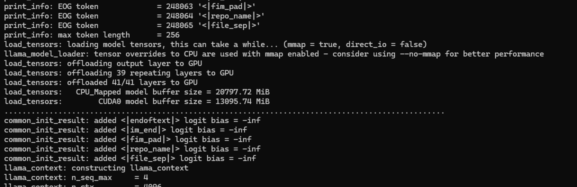 Видно, что все слои загружаются, но VRAM занято всего ~13 Гб, признак ncmoe
