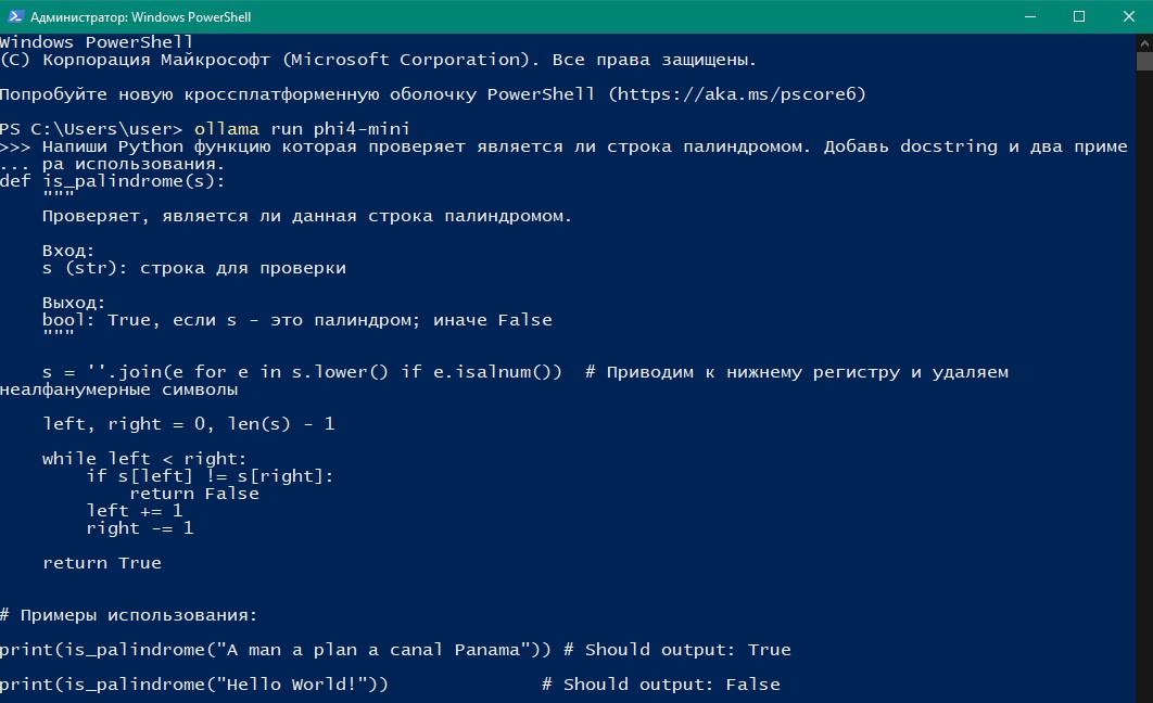 phi4-mini: чистая функция с подробным docstring на русском (отдельные блоки Вход/Выход), двухуказательный алгоритм. Два примера в конце. Умничка.  