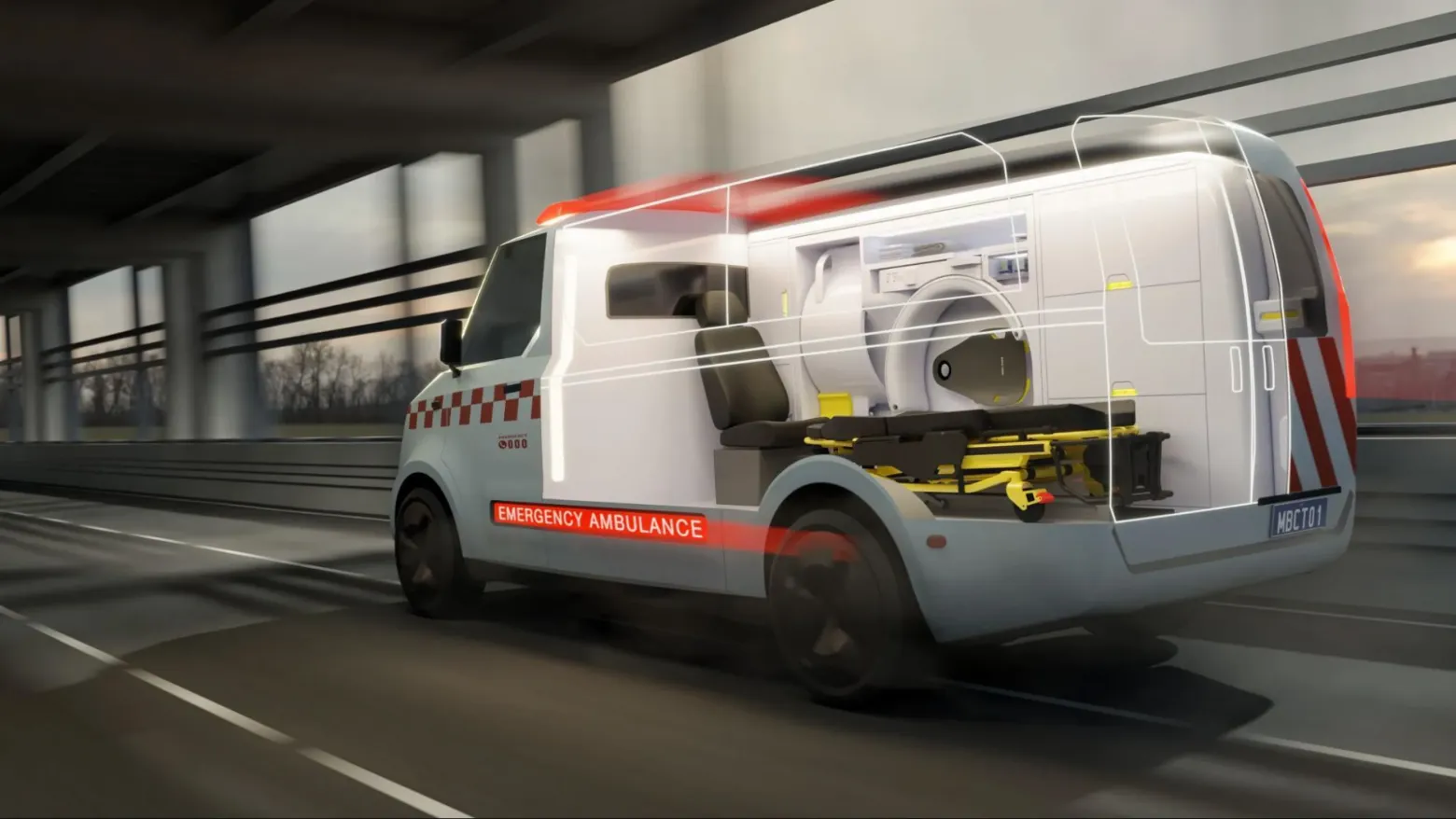 Изображение машины скорой помощи, оснащенной легким сканером головного мозга Micro-X с питанием от аккумулятора.