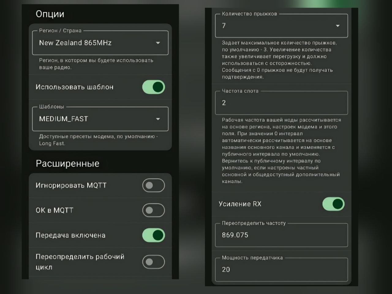 Мои LoRa-настройки во время эксперимента: NZ_865, MEDIUM_FAST, frequency slot 2, override frequency 869.075, RX Boost включён, мощность 20 dBm.