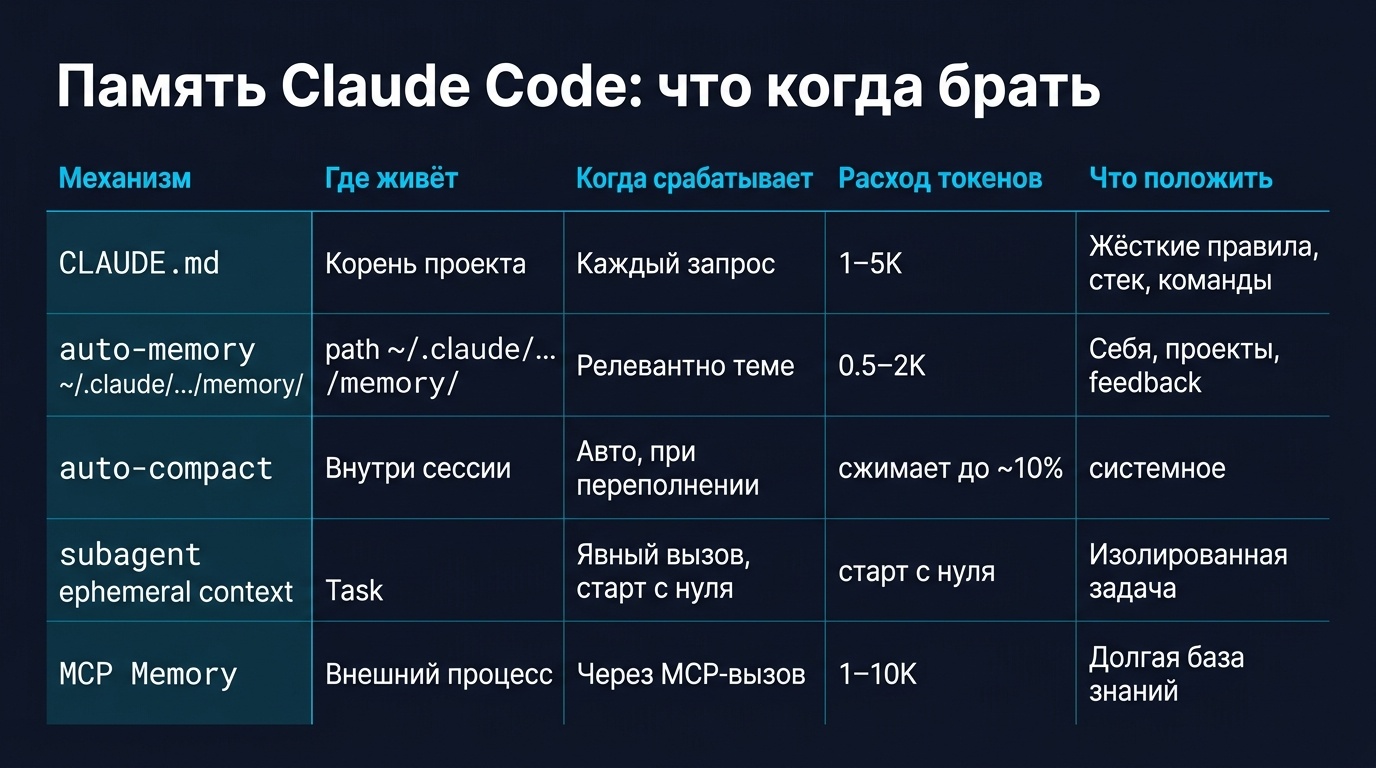 Сравнение механизмов памяти Claude Code