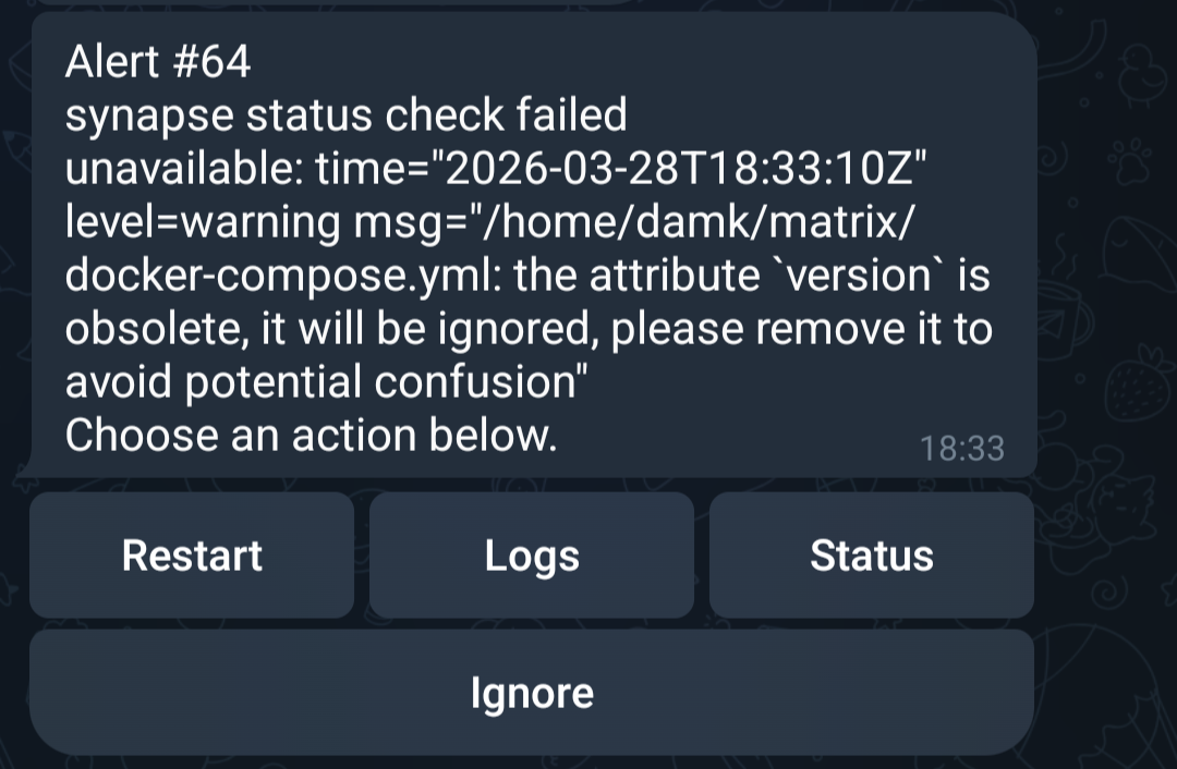 Telegram-алерт: synapse status check failed, с кнопками Restart / Logs / Status / Ignore.