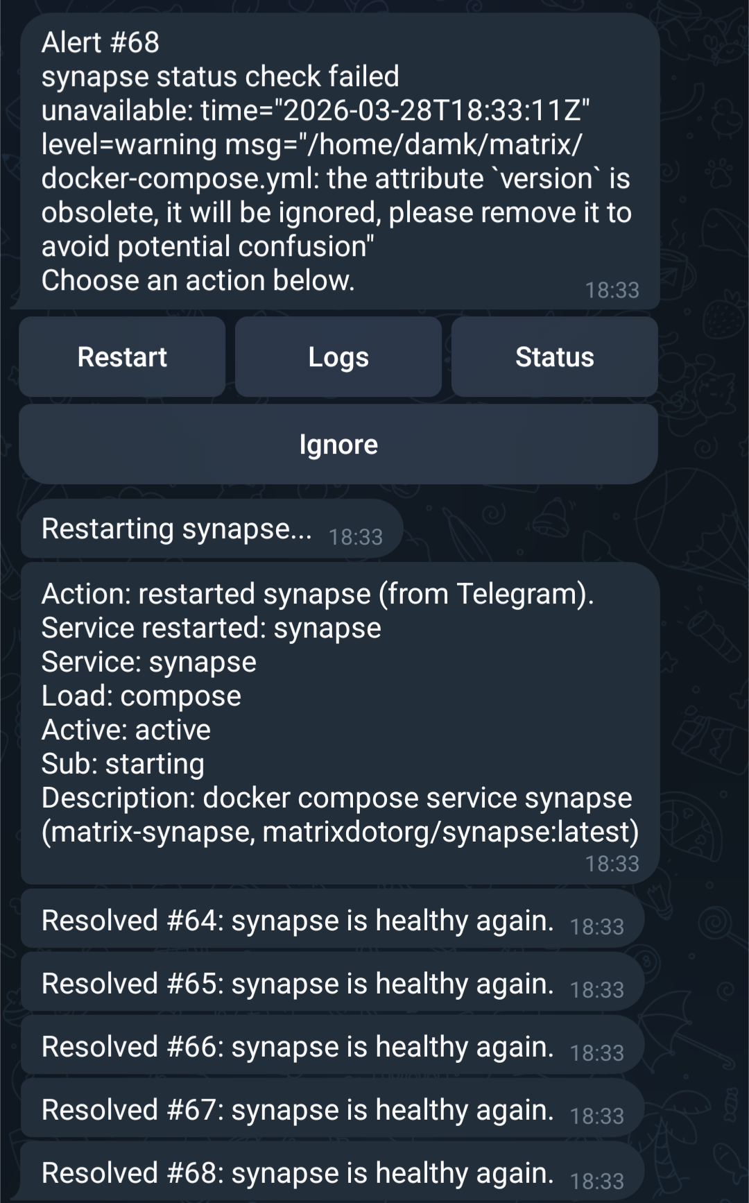 End-to-end инцидент: alert → кнопка Restart → "Restarting synapse..." → подтверждение статуса сервиса → несколько resolved-сообщений.
