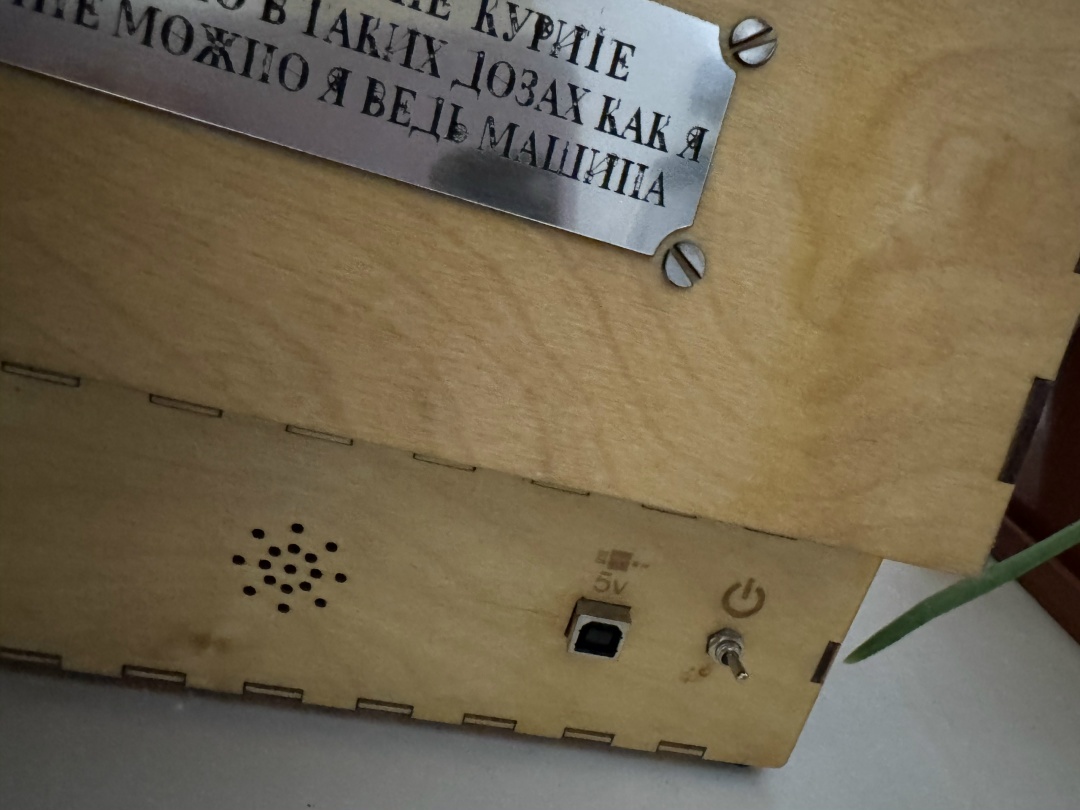 Тыльная сторона устройства с разъемом питания, тумплером включения и отверстиями, за которыми расположен динамик