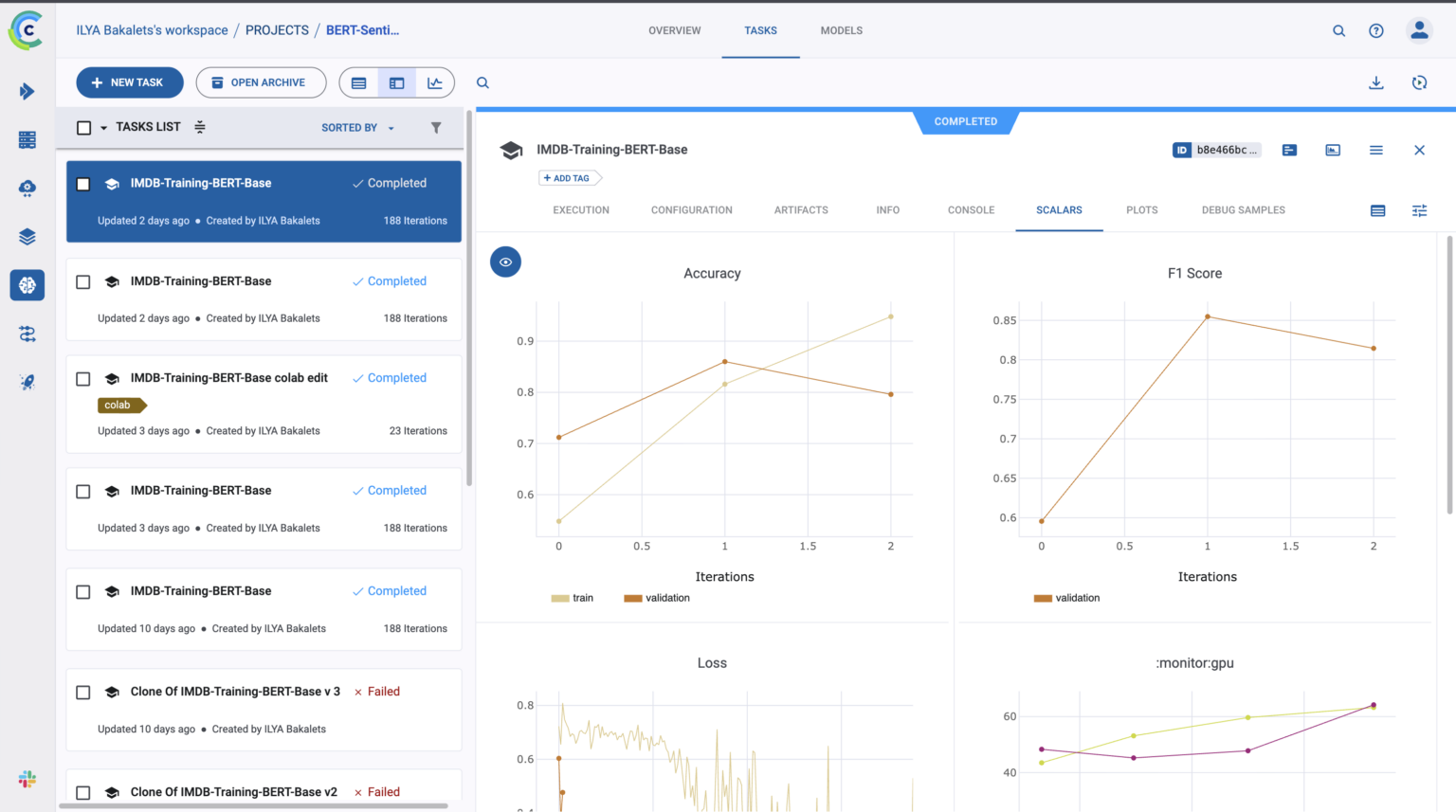Рисунок 3. Результаты логирования метрик в ClearML UI при локальном запуске обучения