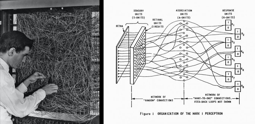 Розенблатт и аналоговая нейросеть Перцептрона. Источник: researchgate.ne.