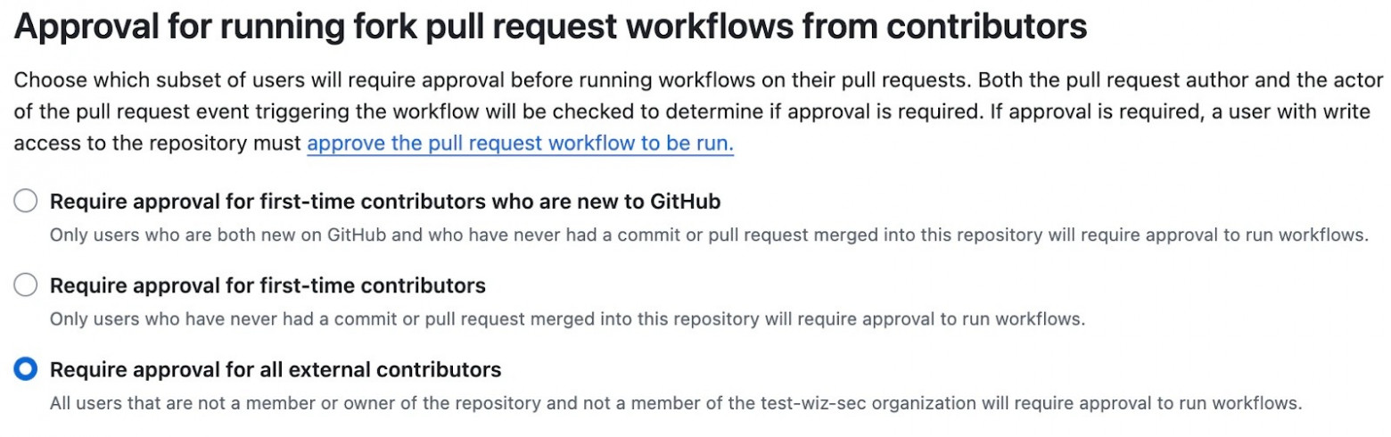 Настройка «Approval for running fork pull request workflows from contributors» в организации GitHub