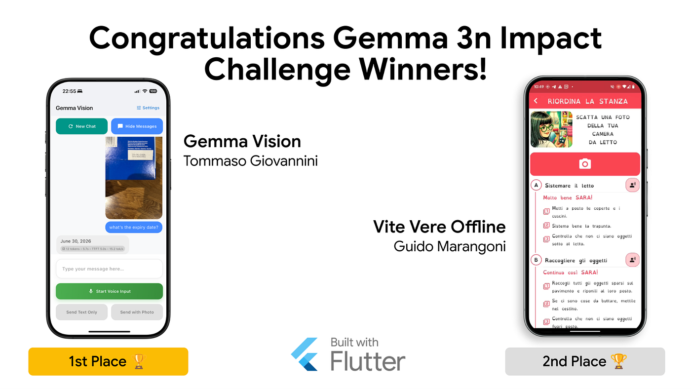 Поздравляем Томассо, создателя Gemma Vision, и Гвидо, создателя Vite Vere! Они заняли первое и второе места соответственно в конкурсе Gemma 3n Impact Challenge!