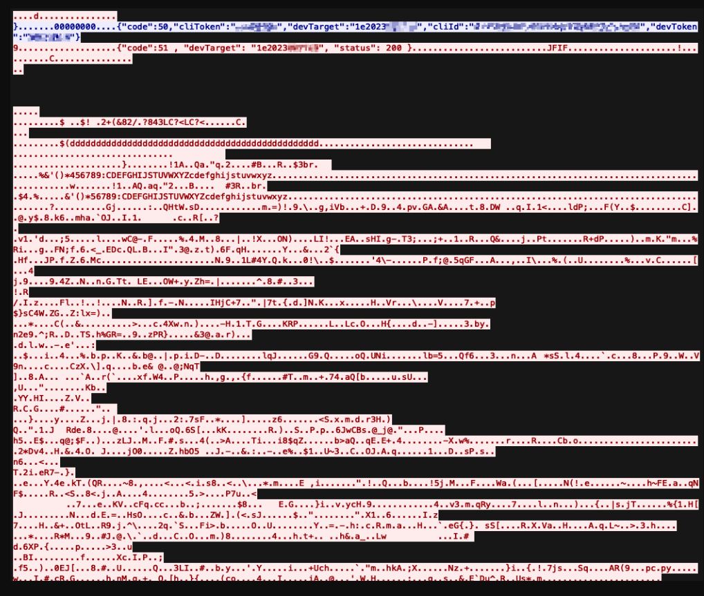 P2P-соединение после “пробивания дыры”: установка сессии с передачей токенов обеих сторон, подтверждение со статусом 200, а затем передача необработанных JPEG-кадров между устройством и приложением