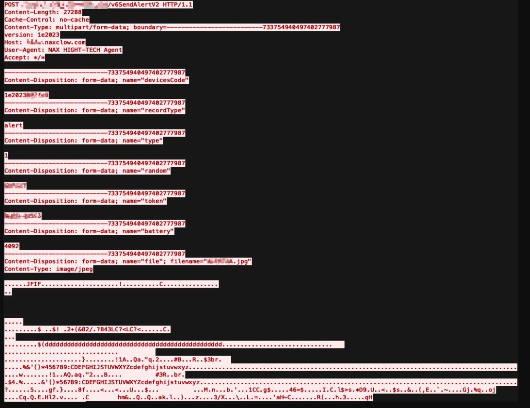 Тело запроса на оповещение. Идентификатор устройства, поле для генерации случайных чисел в формате nonce, токен в формате подписи и изображение JPG, прикреплённое в качестве изображения для оповещения