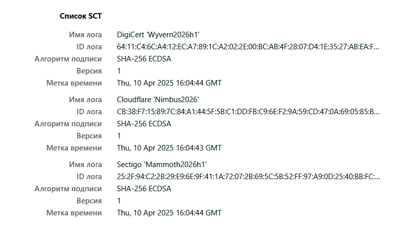 Отображение в браузере Firefox 149 информации из лога CT о TLS-сертификате, выданном GlobalSign