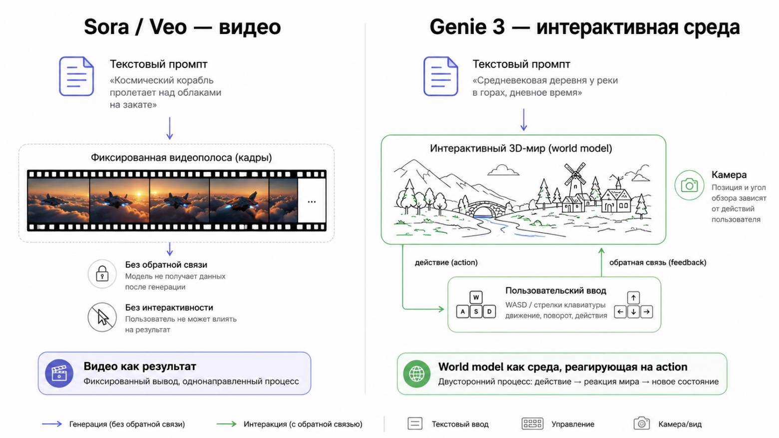Слева — Sora/Veo: фиксированное видео. Справа — Genie 3: интерактивная среда, реагирующая на ввод