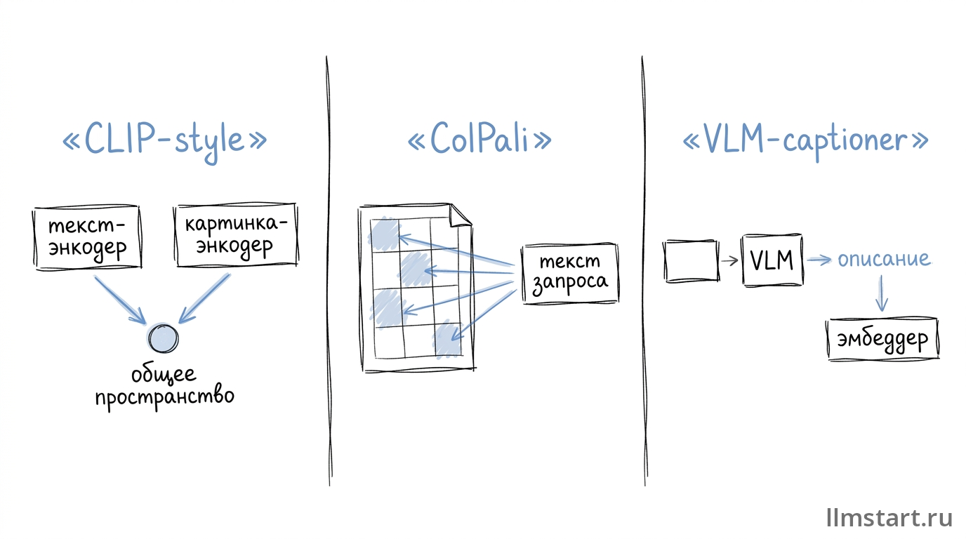 Три семейства подходов multimodal RAG: CLIP-style общее пространство, ColPali late-interaction по patches, VLM-captioner с эмбеддингом описания